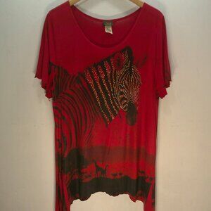 Jostar USA Red Zebra Embellished Stretchy Comfort Relaxed Fit Tunic Size XL